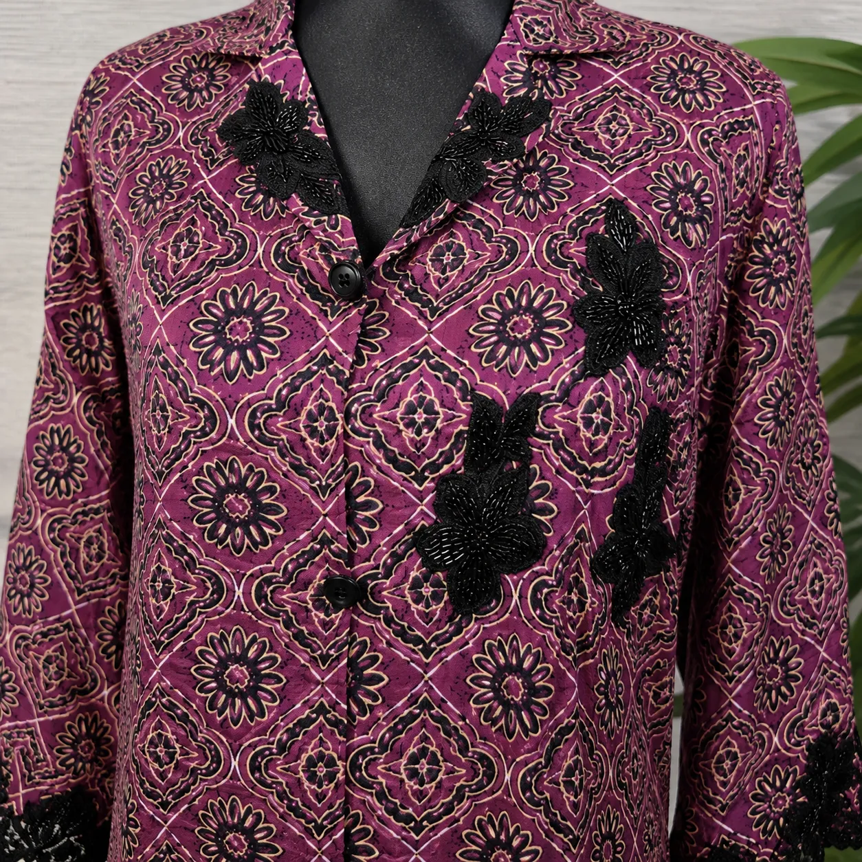 Women's Maroon Printed Button-Down long shirt with Black Lace Embellishment
